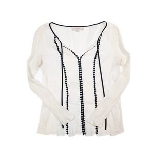 Loft Ann Taylor White Black Embroidered‎ L/Sleeve V Neck Blouse Women's Size M
